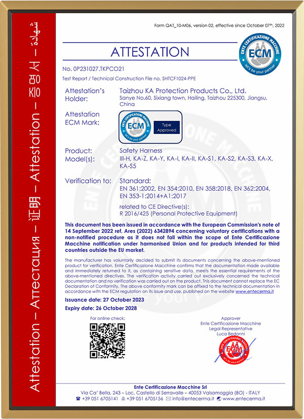 Certifikát pro bezpečnostní postroj